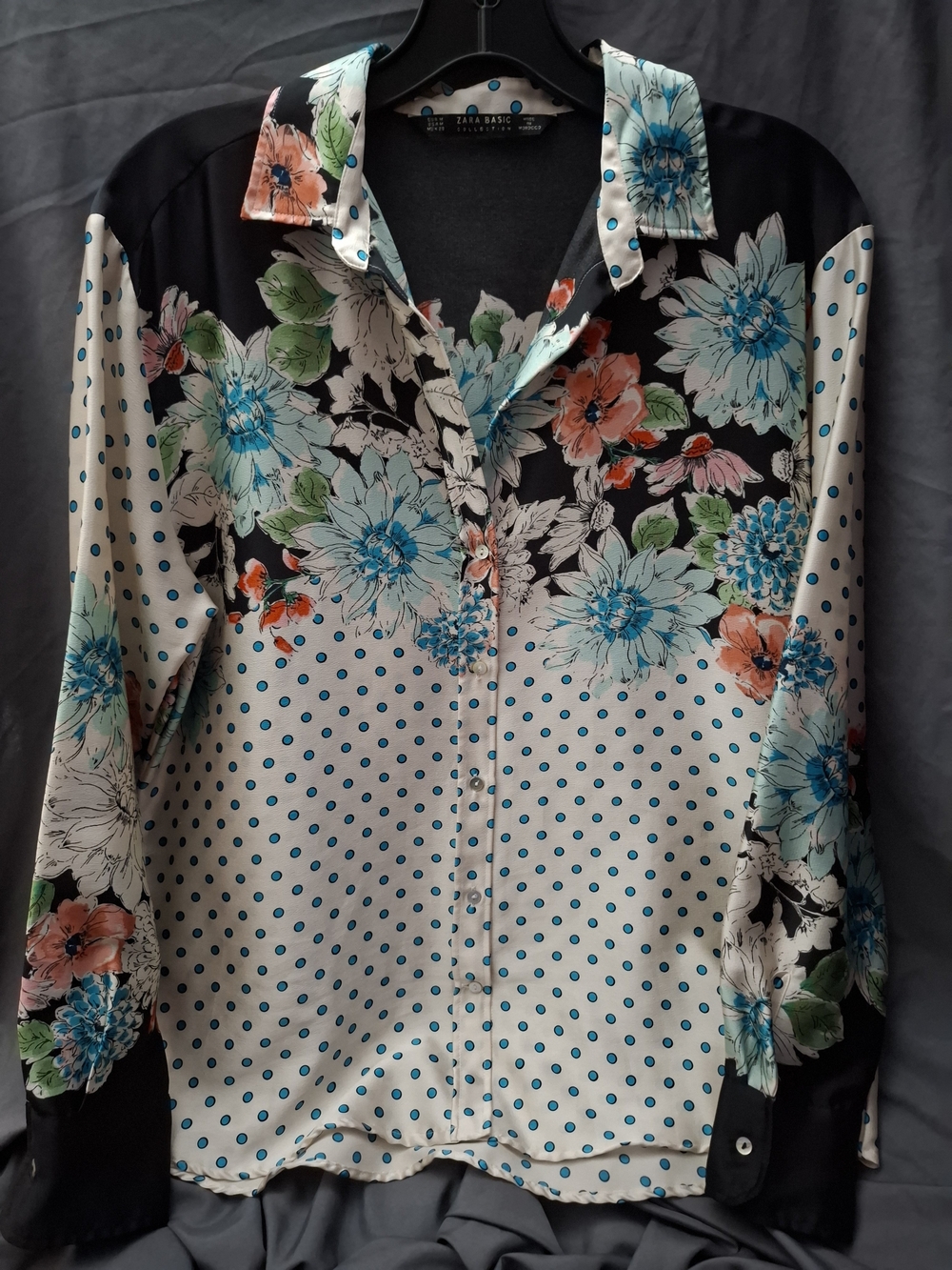 Zara Basic Floral Polka Dot Button-Up Shirt - Blue/Black/White Size Medium